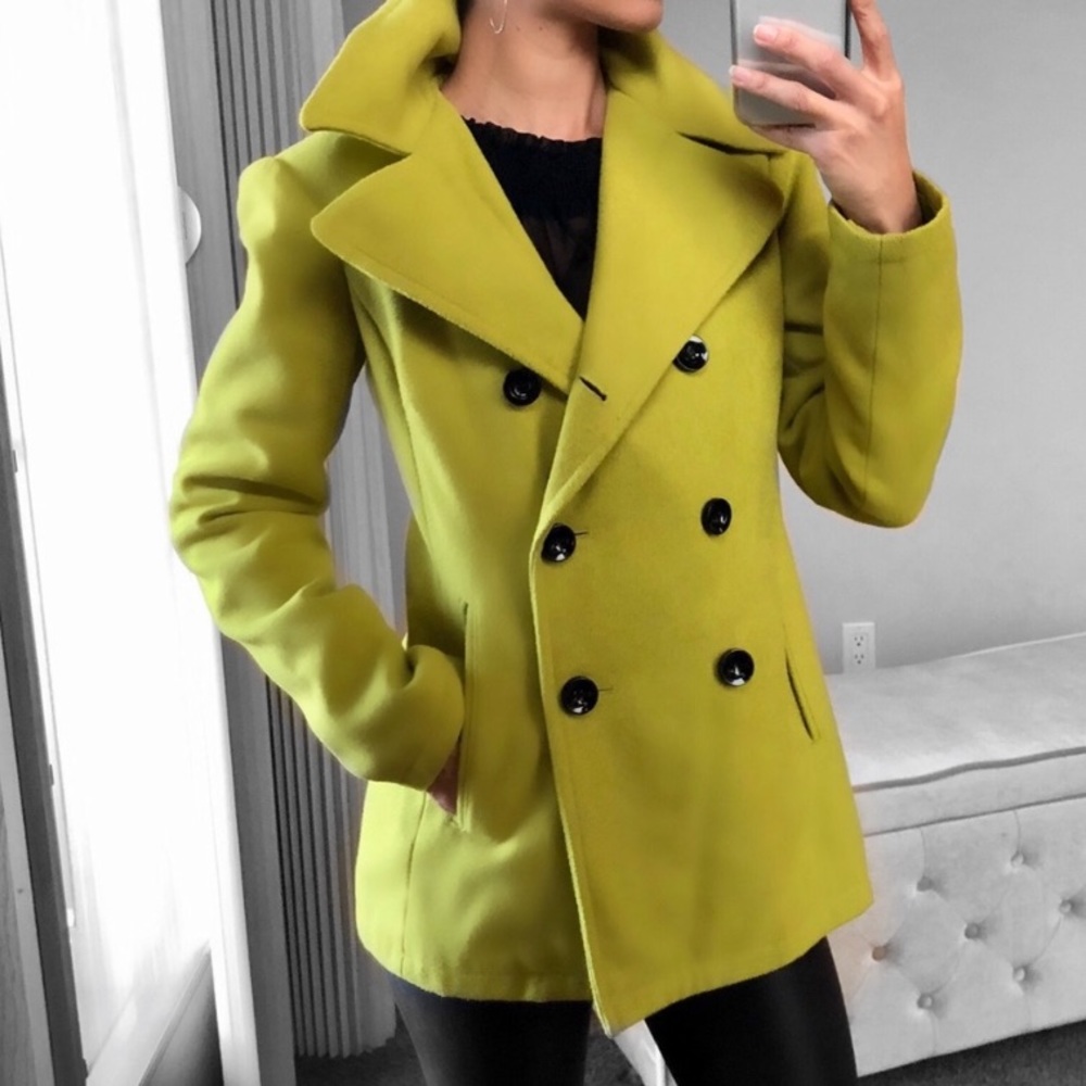ISO New York and Company pea coat in yellow/green/chartreuse, size XS.